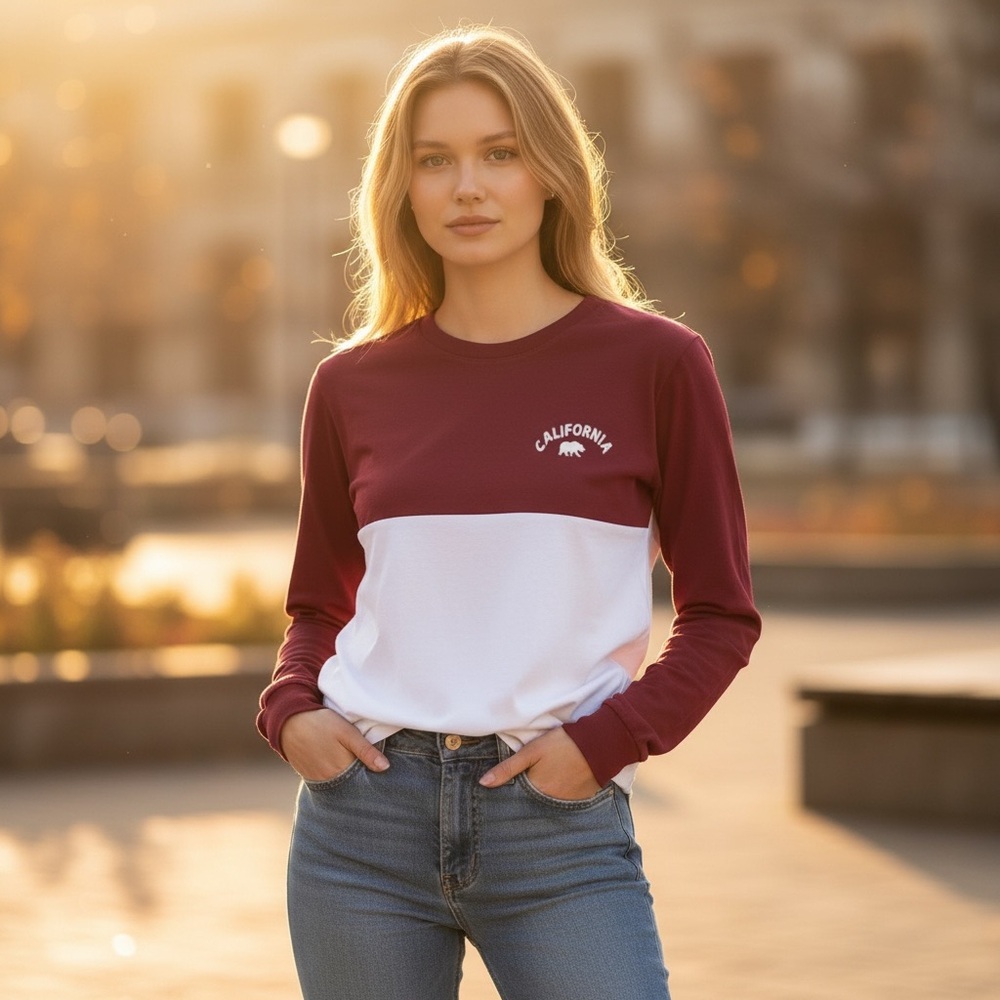 Burgundy and White Color-block California Bear Graphic Long Sleeve Crewneck Tee